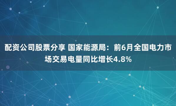 配资公司股票分享 国家能源局：前6月全国电力市场交易电量同比增长4.8%